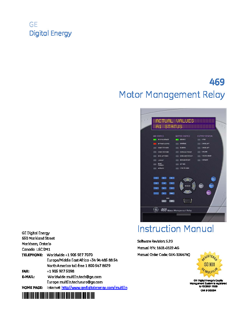 First Page Image of 469-P5-LO-A20 GE Multilin 469 Manual 1601-0122-AG.pdf